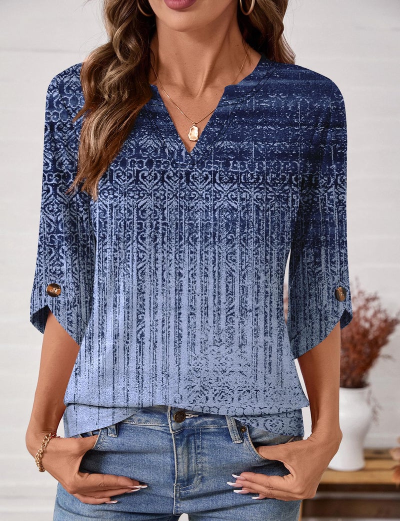 Kistore Spring Tops for Women Graphic Tees 3/4 Length Sleeve Blouses V Neck T Shirts Ladies Casual Tunic Navy Blue L - Image 3
