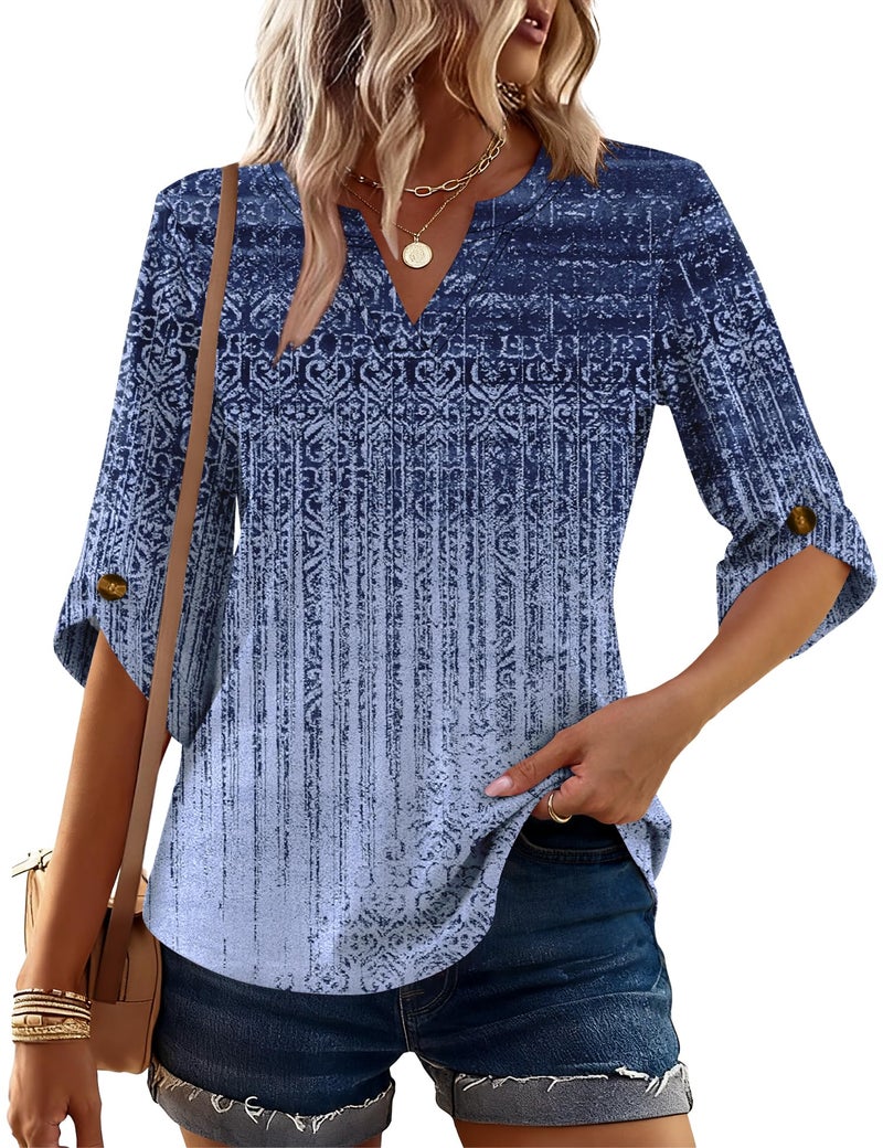 Kistore Spring Tops for Women Graphic Tees 3/4 Length Sleeve Blouses V Neck T Shirts Ladies Casual Tunic Navy Blue L - Image 2