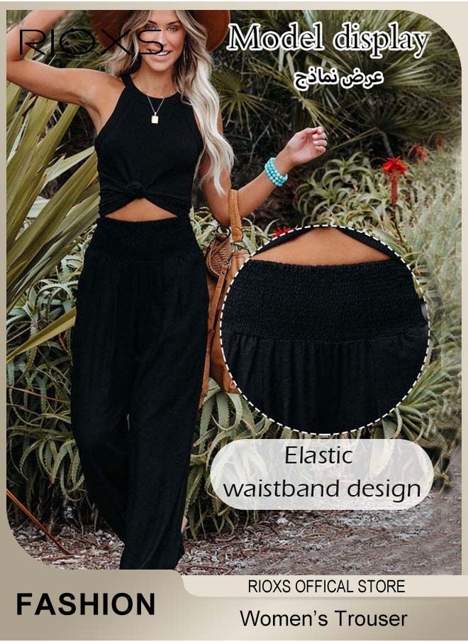 RIOXS Women Casual Pants, Wide Leg Cotton Linen Trouser, Comfy Elastic High Waist Pant With Side Pockets, Long Lounge Pants, Comfy Beach Pants For Women, Ladies Flowy Trouser For Work/ Shopping/ Holiday/ Everyday Wear  - Image 2