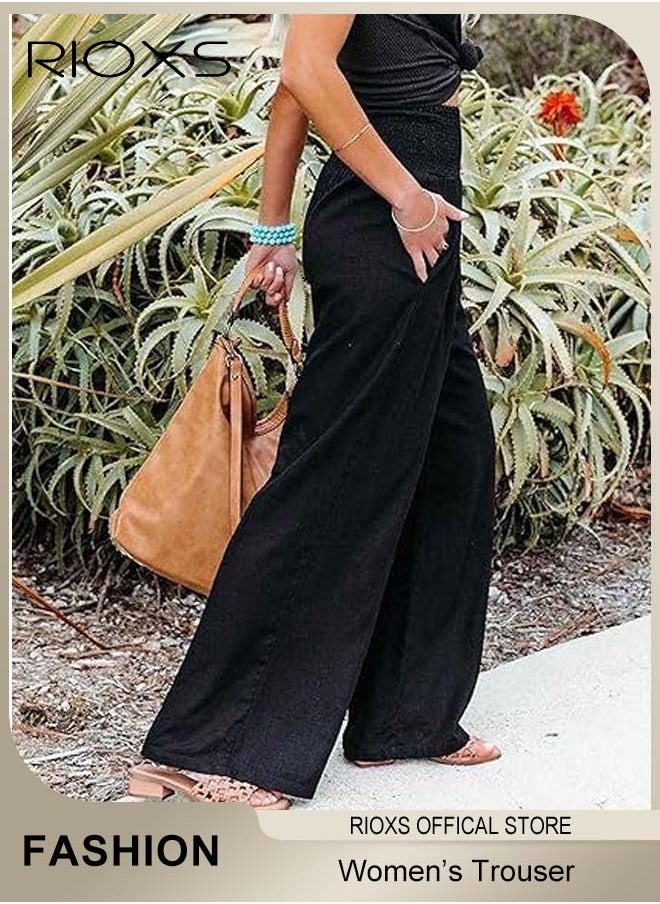 RIOXS Women Casual Pants, Wide Leg Cotton Linen Trouser, Comfy Elastic High Waist Pant With Side Pockets, Long Lounge Pants, Comfy Beach Pants For Women, Ladies Flowy Trouser For Work/ Shopping/ Holiday/ Everyday Wear  - Image 3