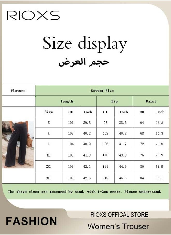 RIOXS Women Casual Pants, Wide Leg Cotton Linen Trouser, Comfy Elastic High Waist Pant With Side Pockets, Long Lounge Pants, Comfy Beach Pants For Women, Ladies Flowy Trouser For Work/ Shopping/ Holiday/ Everyday Wear  - Image 5