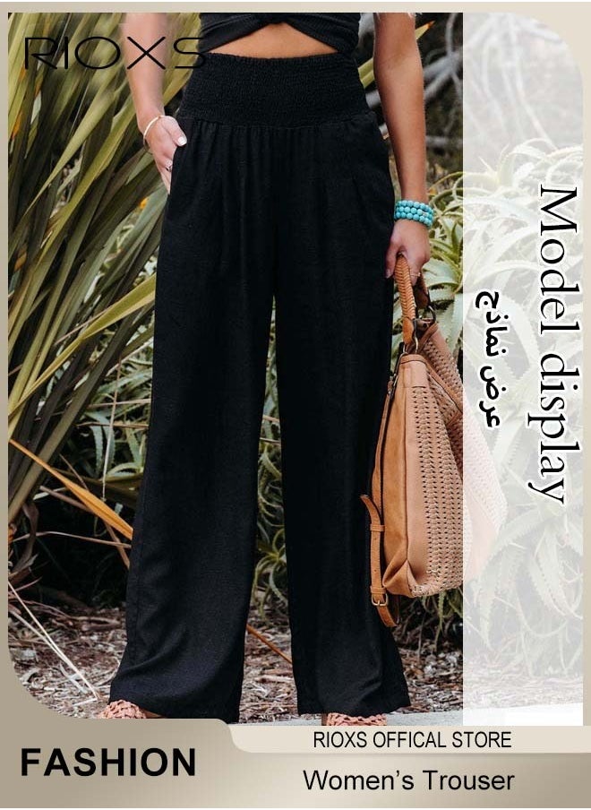 RIOXS Women Casual Pants, Wide Leg Cotton Linen Trouser, Comfy Elastic High Waist Pant With Side Pockets, Long Lounge Pants, Comfy Beach Pants For Women, Ladies Flowy Trouser For Work/ Shopping/ Holiday/ Everyday Wear  - Image 4