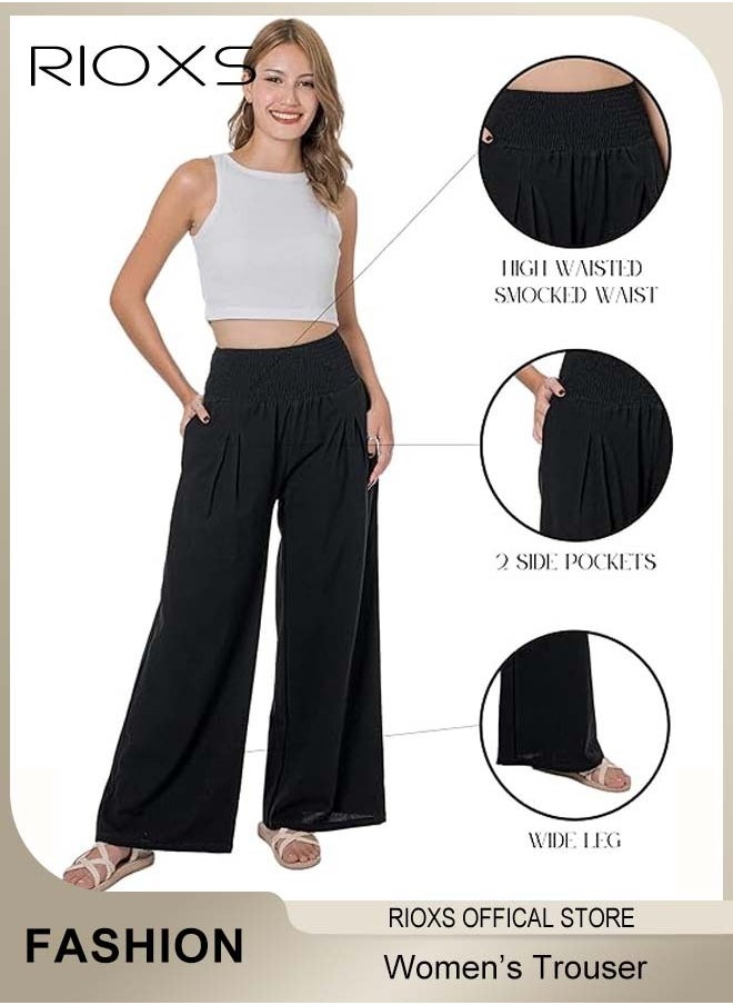 Women Casual Pants, Wide Leg Cotton Linen Trouser, Comfy Elastic High Waist Pant With Pockets, Long Lounge Beach Pant, Flowy Trouser For Women Ladies On Holiday/ Everyday Wear - pzsku/ZD85F314DD4A6C3056DBCZ/45/_/1736487384/a505a259-6d07-467e-a1e6-237ca95f5b89