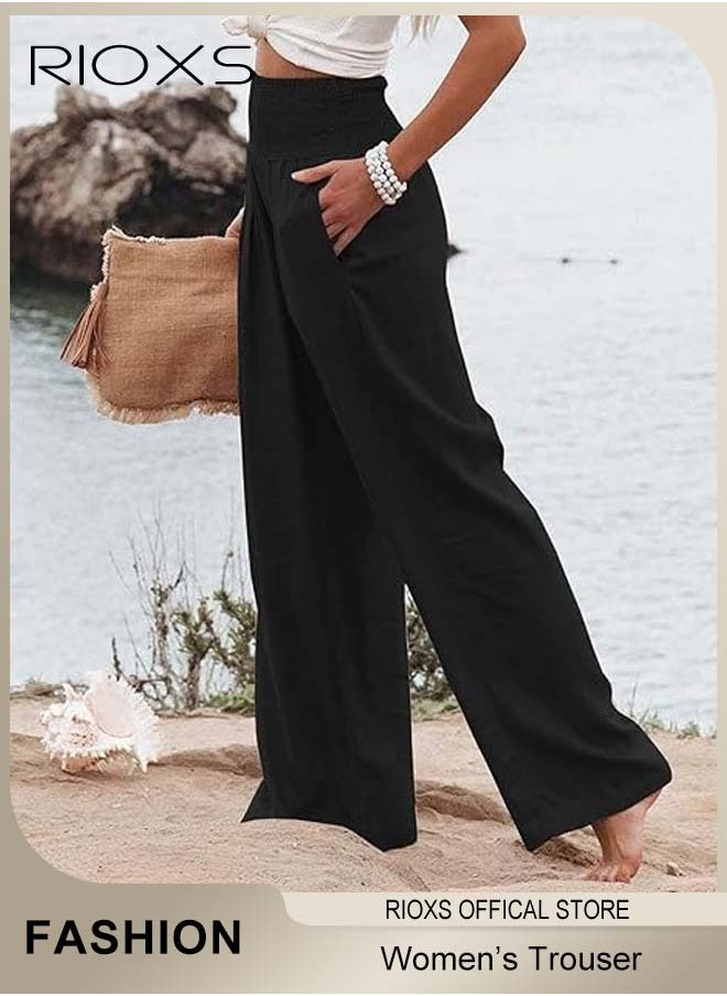 Women Casual Pants, Wide Leg Cotton Linen Trouser, Comfy Elastic High Waist Pant With Pockets, Long Lounge Beach Pant, Flowy Trouser For Women Ladies On Holiday/ Everyday Wear - pzsku/ZD85F314DD4A6C3056DBCZ/45/_/1736487385/10588605-66d3-4240-98e8-51cb4f4cc264