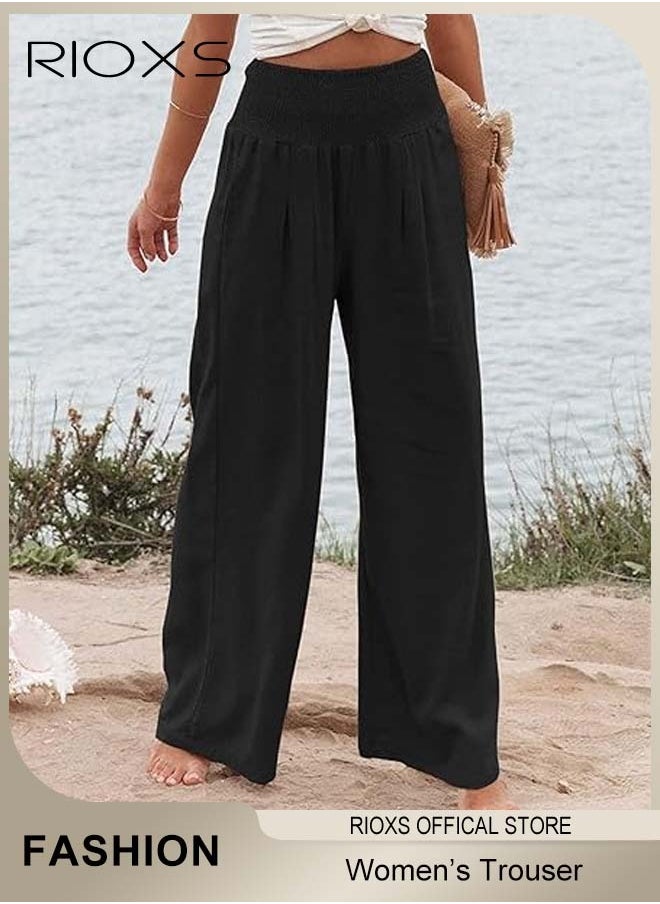 Women Casual Pants, Wide Leg Cotton Linen Trouser, Comfy Elastic High Waist Pant With Pockets, Long Lounge Beach Pant, Flowy Trouser For Women Ladies On Holiday/ Everyday Wear - pzsku/ZD85F314DD4A6C3056DBCZ/45/_/1736487445/8e9eac90-f7db-4593-838f-8c56f5758580