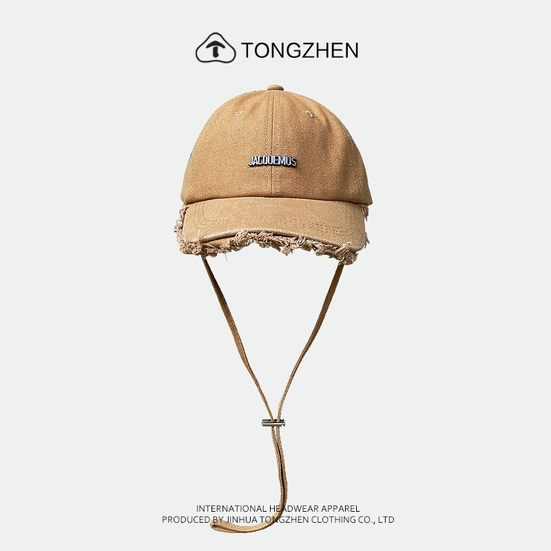 New JACQUEMUS Hyun-a Hyun-a Same-style Edge Grinding Baseball Cap Women''s Tassel Sunshade Sunscreen Cap with Windproof Rope - Image 1