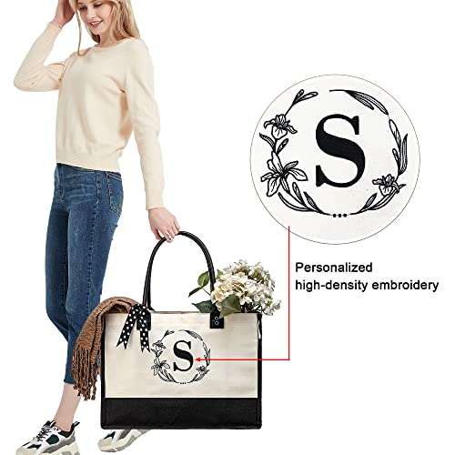 BeeGreen Christmas Birthday Gifts for Teachers Mom Nana Women Initial Tote Bag-for-Women, Friends-Mother Christmas Thank you with Embroidery Initial Monogram, Large Canvas Tote Bag K - Image 5