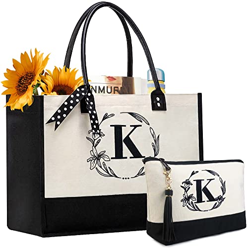 BeeGreen Christmas Birthday Gifts for Teachers Mom Nana Women Initial Tote Bag-for-Women, Friends-Mother Christmas Thank you with Embroidery Initial Monogram, Large Canvas Tote Bag K - Image 1