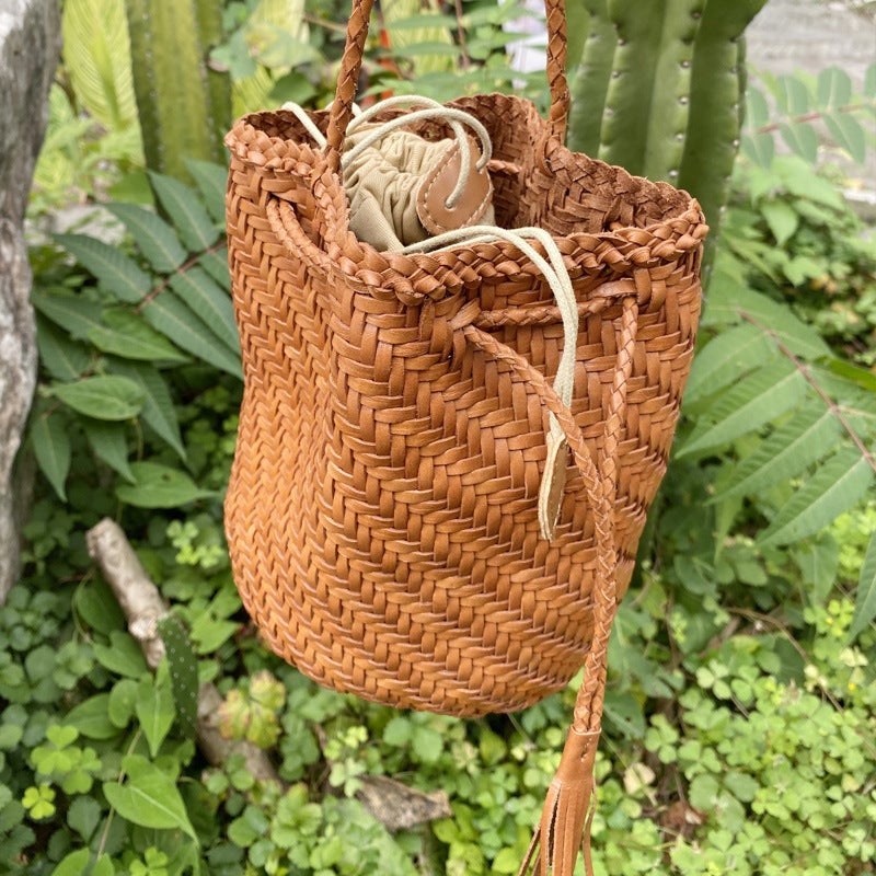 Dragon Diffusion First Layer Cowhide Woven Barrel Bag Genuine Leather Vegetable Basket Bag Vintage Small Bag Ins Style - Image 4
