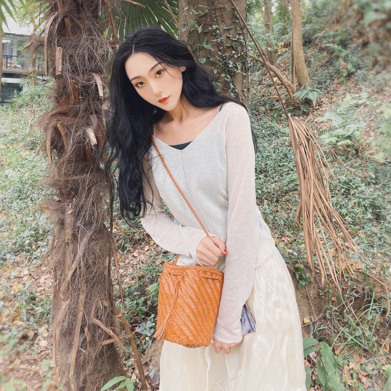 Dragon Diffusion First Layer Cowhide Woven Barrel Bag Genuine Leather Vegetable Basket Bag Vintage Small Bag Ins Style - Image 3
