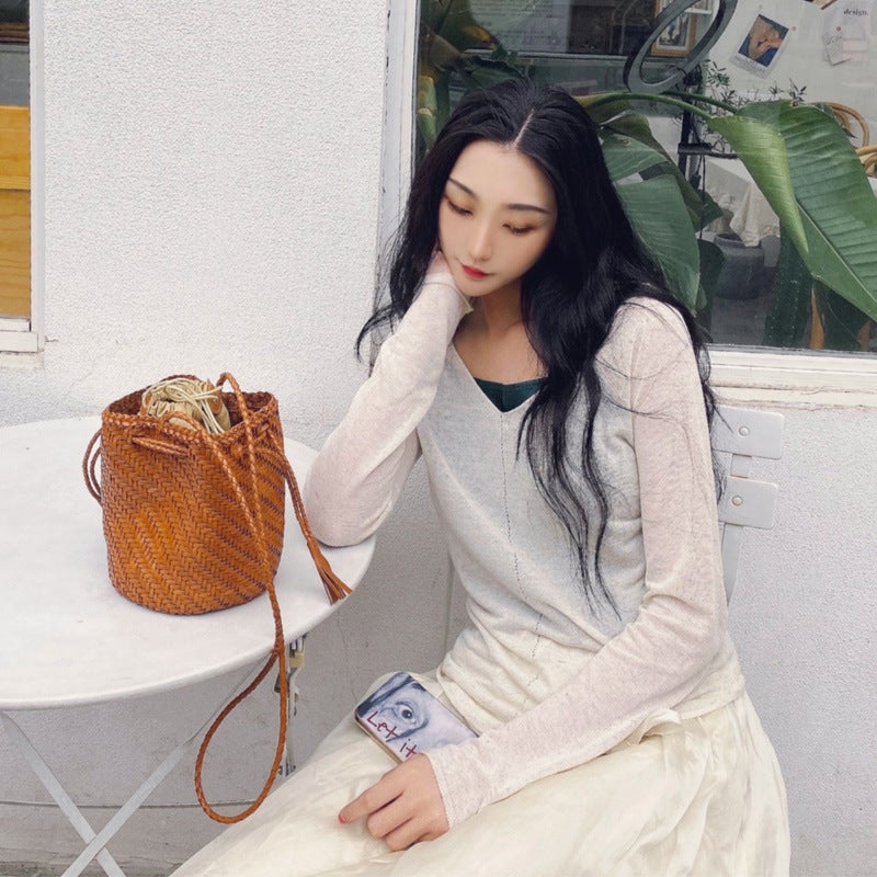 Dragon Diffusion First Layer Cowhide Woven Barrel Bag Genuine Leather Vegetable Basket Bag Vintage Small Bag Ins Style - Image 1
