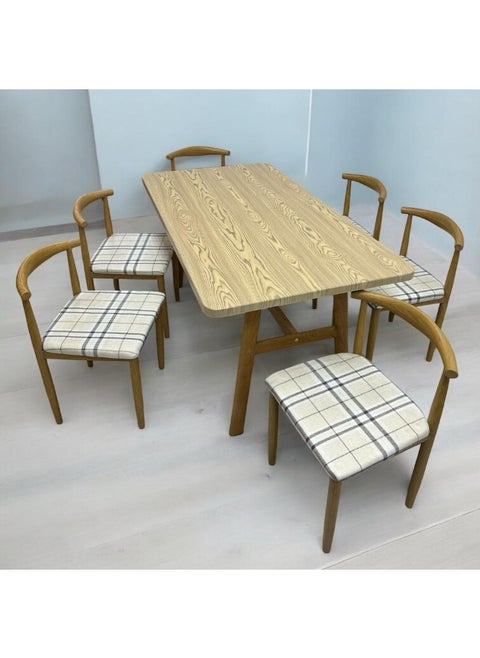 6-Seater Rustic Dining Table Set with Natural Wood-Look Finish – Sturdy Metal Base and Cushioned Chairs – Rectangular Modern Dining Table for Kitchen, Dining Room, or Restaurant Use