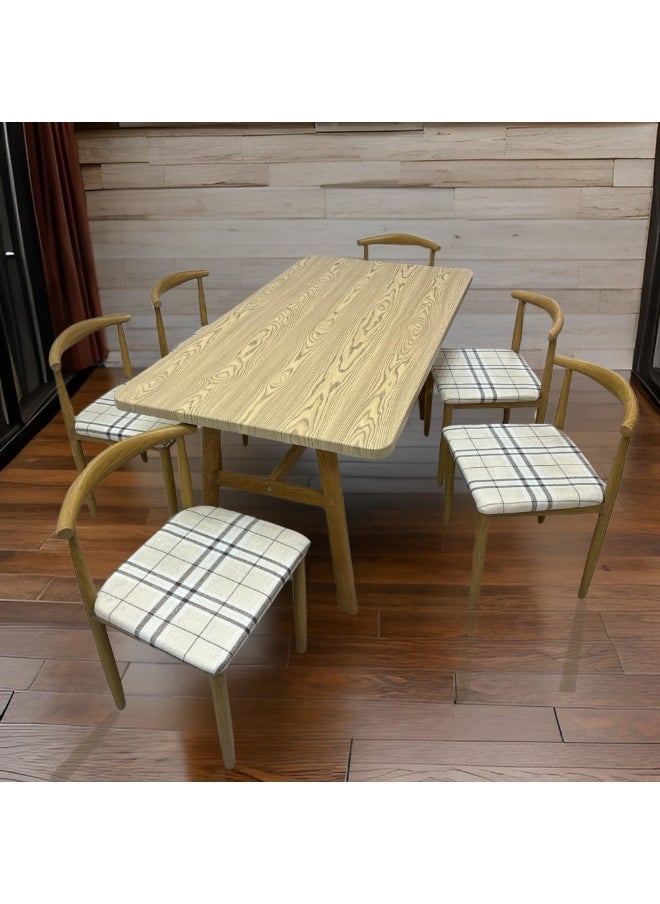 6-Seater Rustic Dining Table Set with Natural Wood-Look Finish – Sturdy Metal Base and Cushioned Chairs – Rectangular Modern Dining Table for Kitchen, Dining Room, or Restaurant Use
