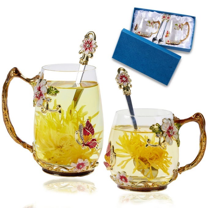 TEA CUP GLASS COFFEE MUGSFANCY TEA CUP SET BIRTHDAY CHRISTMAS VALENTINES DAY GIFT IDEA FOR TEA LOVER AND WOMEN NOVELTY COFFEE MUGS ROSE FLOWER ENAMEL TEA CUP GLASS MUG WITH SPOON