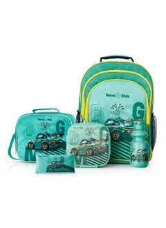Nova kids Nova Kids 16 Inch School Bag With Lunch Bag, Pencil Pouch, Lunch Box And Water Bottle - Car Racing - Green  - Image 1