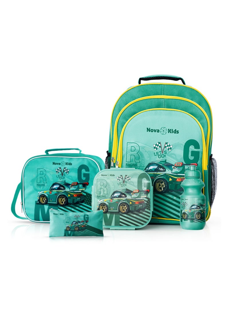 Nova kids حقيبة مدرسية نوفا كيدز مقاس 16 بوصة مع حقيبة غداء وحقيبة أقلام وصندوق غداء وزجاجة مياه - سباق سيارات - أخضر - Image 1