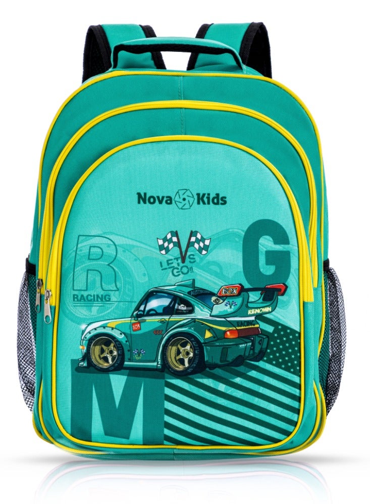 Nova kids حقيبة مدرسية نوفا كيدز مقاس 16 بوصة مع حقيبة غداء وحقيبة أقلام وصندوق غداء وزجاجة مياه - سباق سيارات - أخضر - Image 2