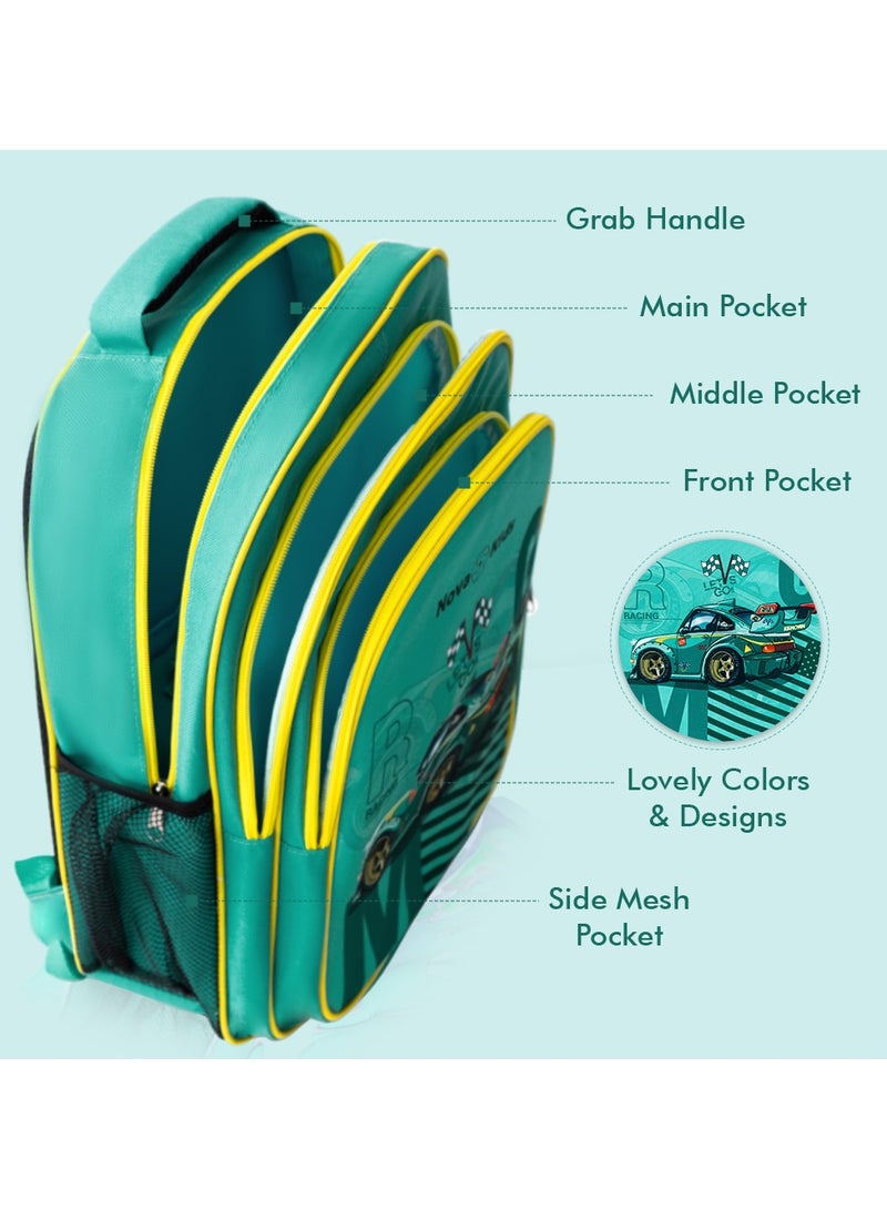 Nova kids حقيبة مدرسية نوفا كيدز مقاس 16 بوصة مع حقيبة غداء وحقيبة أقلام وصندوق غداء وزجاجة مياه - سباق سيارات - أخضر - Image 3