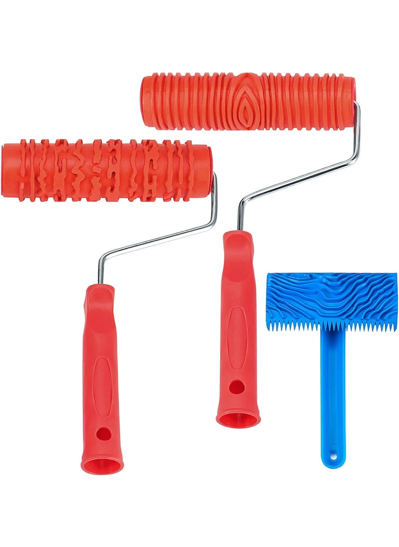 JAPCHET JAPCHET 3 PCS 7 Inch Wood Graining Painting Tool Set Rubber Wood Pattern Paint Roller with Plastic Handle Wood Grain Knurling Tool Set for Wall Decoration DIY Art Projects  - Image 1