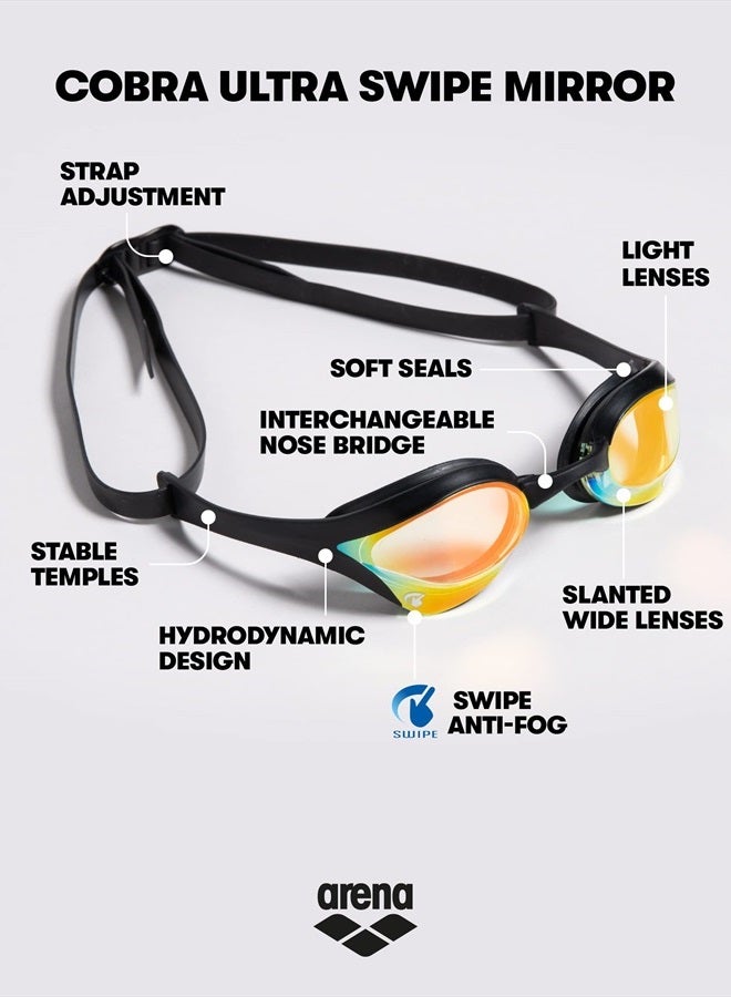 arena Unisex Cobra Ultra Swipe Racing Swim Goggles For Men And Women Swipe Anti-Fog Technology Polycarbonate Mirror Lens, Yellow Copper/Blue - Image 2