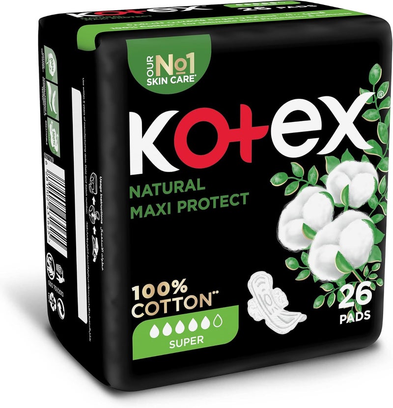 Kotex Natural Maxi Protect Thick Pads, 100% Cotton Pad, Super Size with Wings, 26 Sanitary Pads - Image 2
