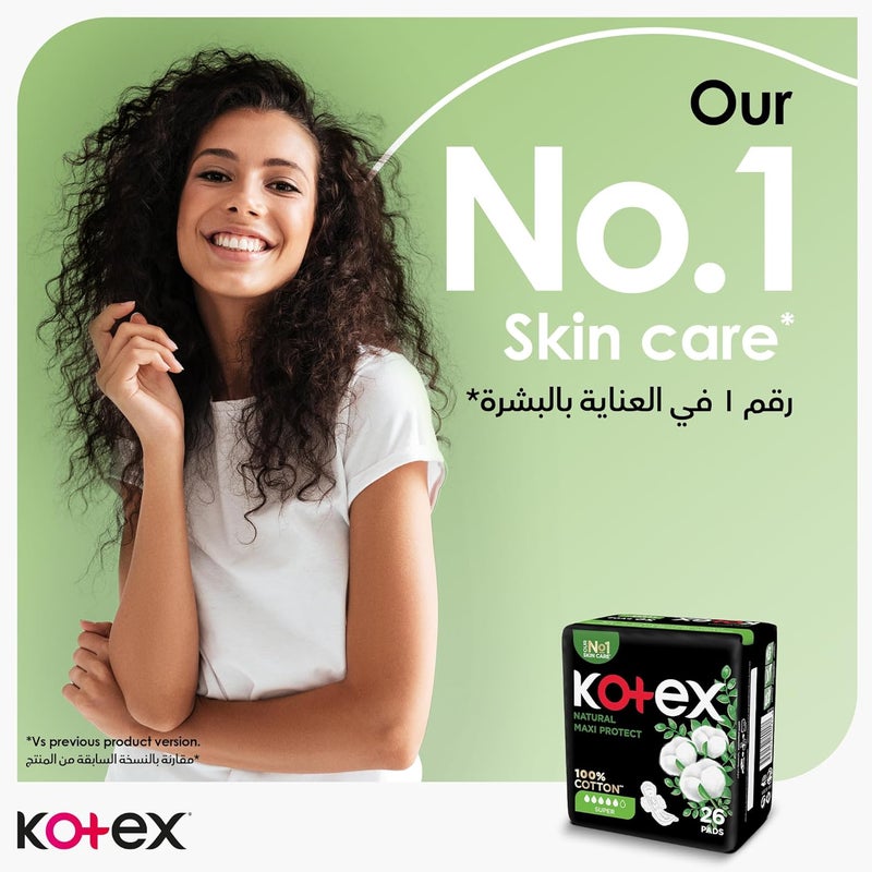 Kotex Natural Maxi Protect Thick Pads, 100% Cotton Pad, Super Size with Wings, 26 Sanitary Pads - Image 3