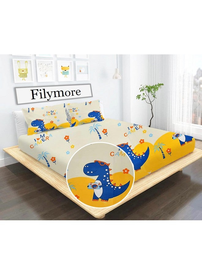 Filymore Danasour Double Bedsheet Made with Microfiber 240 TC Wrinkle Free Soft Hypoallergenic | Cartoon Bedcover Queen Size for Kids (90x90 Inches)(Cream) - Image 1