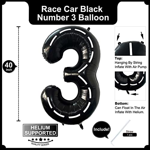 Lovoir 40 Inch Race Car Black Number 3 Balloon Large Size Jumbo Digit Foil Mylar Racetrack Helium Balloons for Boys 3th Racing Car Monster Truck Theme Birthday Party Anniversary Celebration Decoration - Image 5