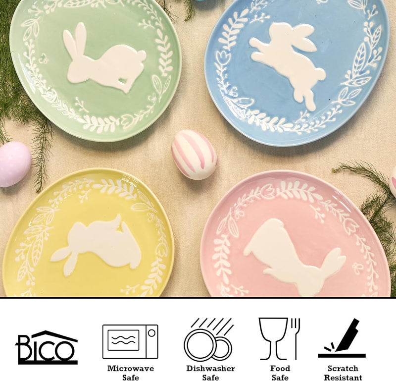 Bico Pastel Color Bunny Stoneware Salad Plates Set Microwave  Dishwasher Safe for Easter Spring - Image 3