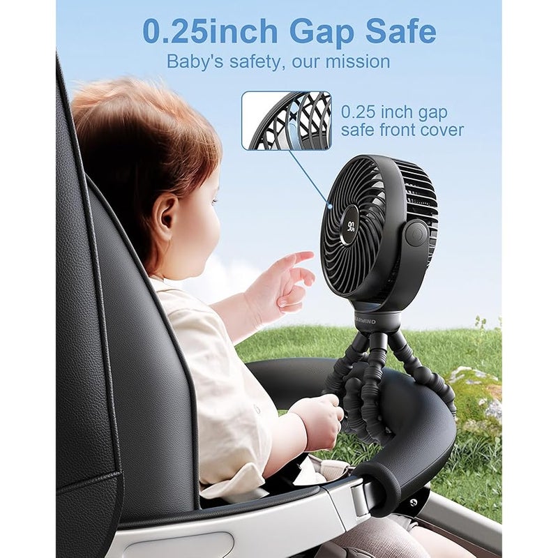 Rechargeable Pram Fan - 4-Speed LED Night Light Baby Fan | Detachable Tripod & Buggy Clip | Stroller for Pushchair, Car Seat, Crib, Bed, Office Travel - Image 4