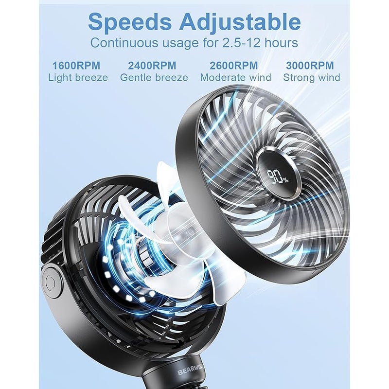 Rechargeable Pram Fan - 4-Speed LED Night Light Baby Fan | Detachable Tripod & Buggy Clip | Stroller for Pushchair, Car Seat, Crib, Bed, Office Travel - Image 3