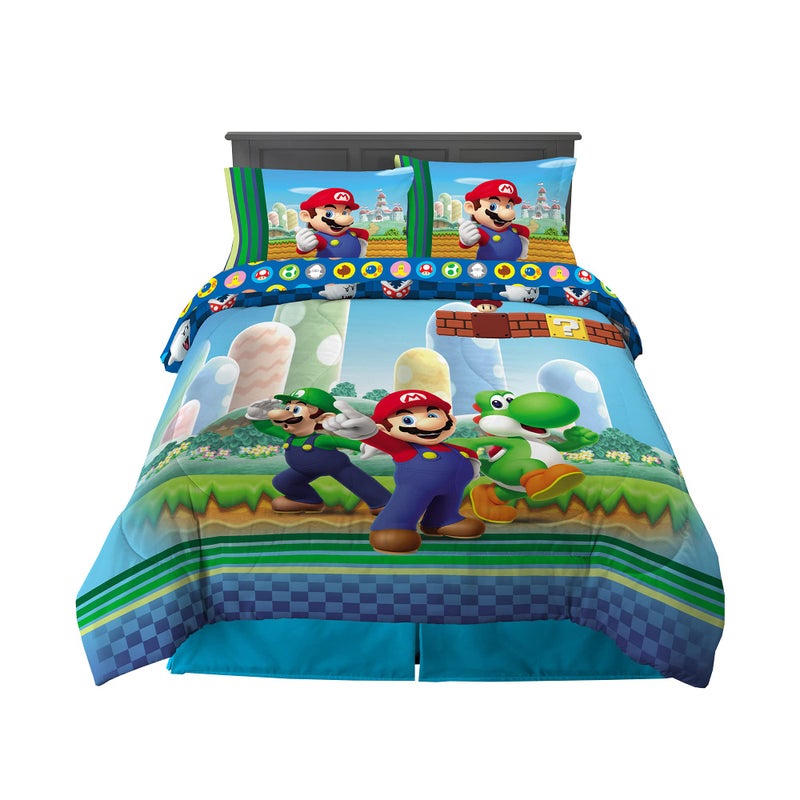 Franco Super Mario Kids Full Size Bedding, 5 Piece Super Soft Cozy Reversible Comforter and Sheet Set, (Officially Licensed Product) By Franco - Image 1