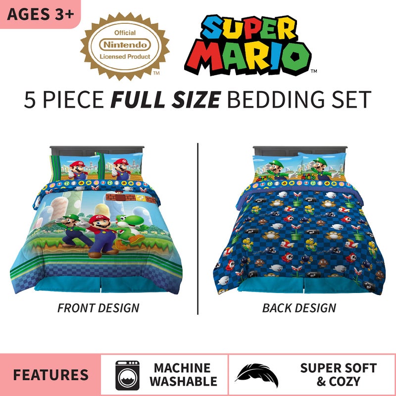 Franco Super Mario Kids Full Size Bedding, 5 Piece Super Soft Cozy Reversible Comforter and Sheet Set, (Officially Licensed Product) By Franco - Image 2
