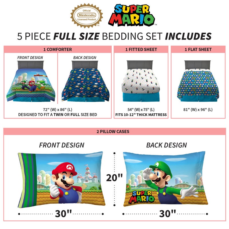 Franco Super Mario Kids Full Size Bedding, 5 Piece Super Soft Cozy Reversible Comforter and Sheet Set, (Officially Licensed Product) By Franco - Image 3