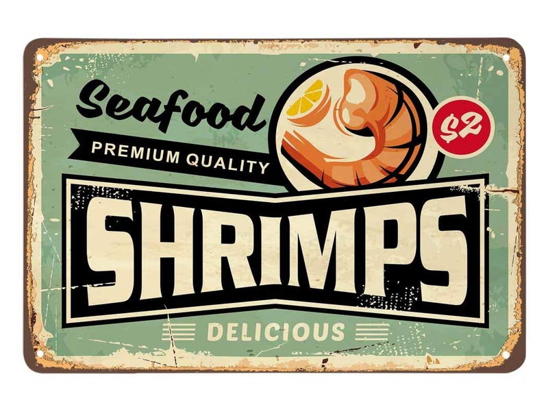 AOYEGO Shrimps Tin Sign,Seafood Delicious Orange Fruit Plate Restaurant Delicious Healthy Tasty Vintage Metal Tin Signs for Cafes Bars Pubs Shop Wall Decorative Funny Retro Signs 8x12 Inch - Image 1
