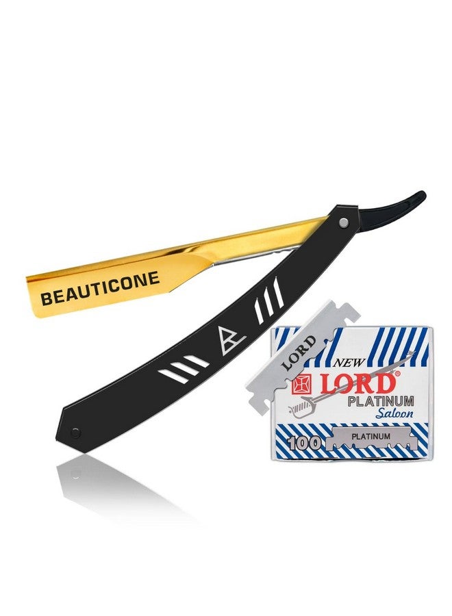 Beauticone Straight Razor For Men, Professional Barber Razor With 100 Single Edge Blades, Straight Edge Single Blade Razors For Men, (Black And Gold Slide-Out)