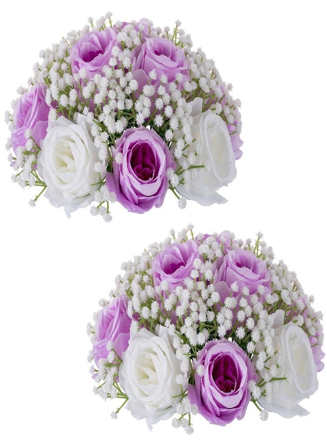 BLOSMON Fake Flowers Ball Wedding Centerpieces 2 Pcs Lilac Rose Babys Breath Artificial Flowers Center Pieces Decoration for Table Silk Kissing Floral Bouquet Arrangements for Home Party DIY Decor - Image 1