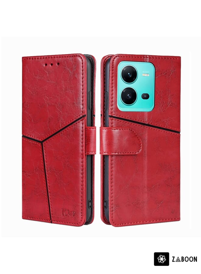 Zaboon حافظة واقية لهاتف vivo V25 5G/V25e 5G/X80 Lite بتصميم هندسي وخياطة أفقية من الجلد - Image 1