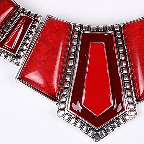 YAZILIND Vintage Ethnic Tibetan Silver Irregular Rhinestone Bib Collar Earrings Necklace Jewelry Set (Red) - Image 4
