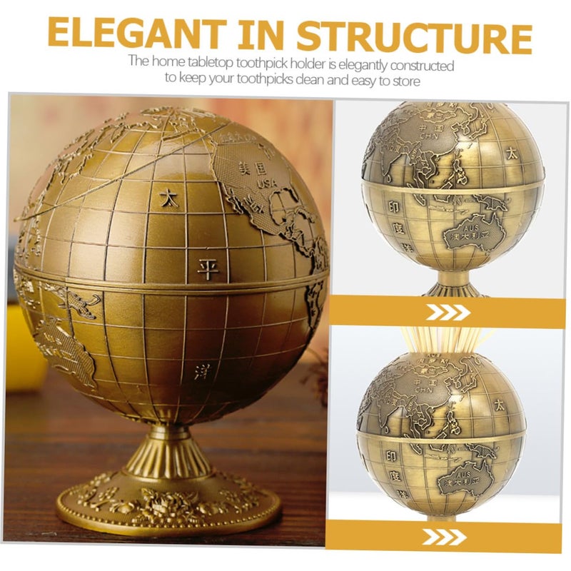 Copper Toothpick Holder 360 Degree Rotating Sphere Earth Pattern Push Type Dispenser - Image 4