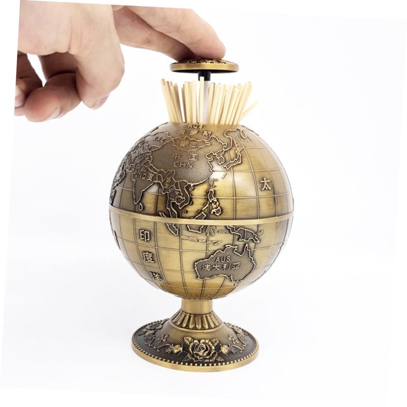 Copper Toothpick Holder 360 Degree Rotating Sphere Earth Pattern Push Type Dispenser - Image 5