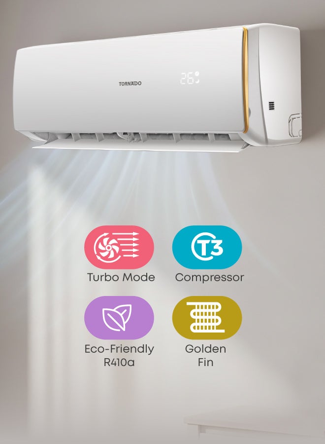 TORNADO Split AC 1 Ton Inverter ,12000 BTU, T3 Compressor, R410A, Digital Display, Turbo Mode, Golden Fin – White (TH-X12BHK) - Image 2