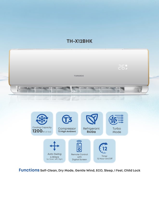 TORNADO Split AC 1 Ton Inverter ,12000 BTU, T3 Compressor, R410A, Digital Display, Turbo Mode, Golden Fin – White (TH-X12BHK) - Image 4