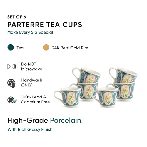 Shay Ceramic Tea Cups Set of 6, Parterre,180ml | Tea Cup Set of 6 | Glossy Finish | Premium Porcelain | Tea Set | Ceramic Tea Cup | Small Cups for Tea (The Step Tea Cups - Parterre) Multicolour - Image 3