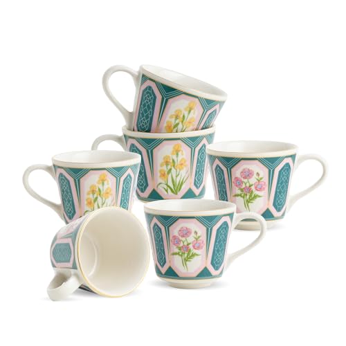 Shay Ceramic Tea Cups Set of 6, Parterre,180ml | Tea Cup Set of 6 | Glossy Finish | Premium Porcelain | Tea Set | Ceramic Tea Cup | Small Cups for Tea (The Step Tea Cups - Parterre) Multicolour - Image 1
