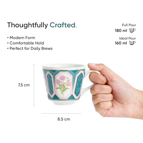 Shay Ceramic Tea Cups Set of 6, Parterre,180ml | Tea Cup Set of 6 | Glossy Finish | Premium Porcelain | Tea Set | Ceramic Tea Cup | Small Cups for Tea (The Step Tea Cups - Parterre) Multicolour - Image 4