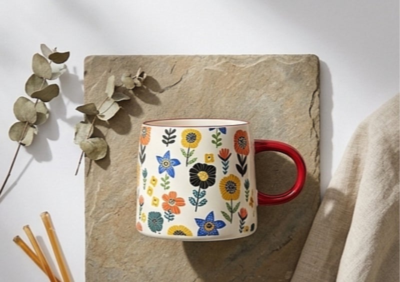 Porcelain Multicolor Sunflower Botanical Mug White Body Red Handle 350ml Vintage Garden Design Coffee Tea Cup - Image 2