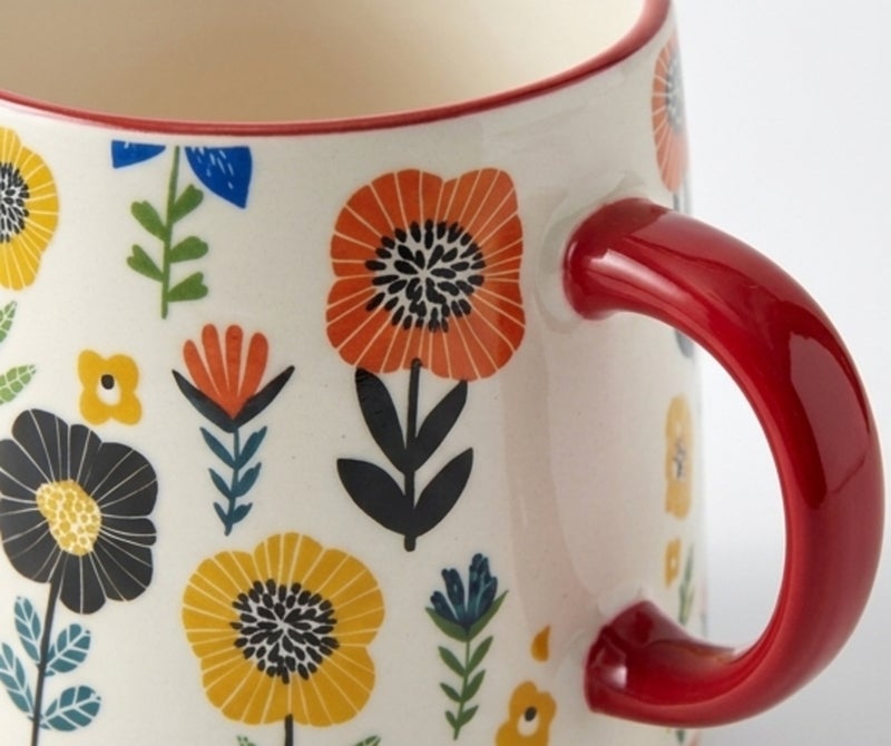 Porcelain Multicolor Sunflower Botanical Mug White Body Red Handle 350ml Vintage Garden Design Coffee Tea Cup - Image 4