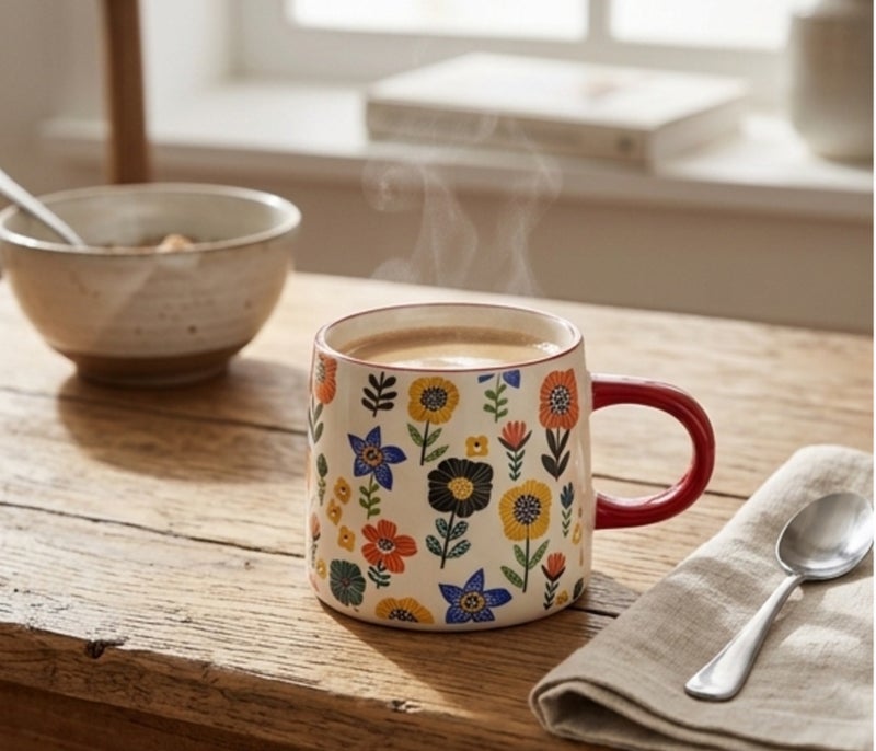 Porcelain Multicolor Sunflower Botanical Mug White Body Red Handle 350ml Vintage Garden Design Coffee Tea Cup - Image 3