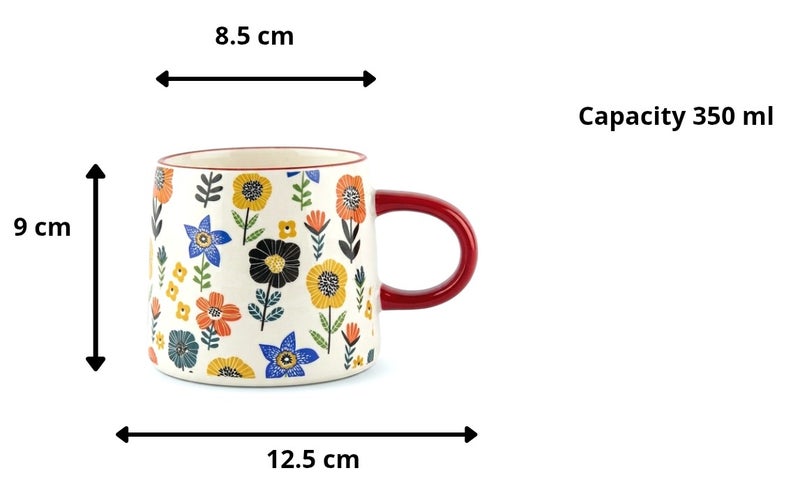 Porcelain Multicolor Sunflower Botanical Mug White Body Red Handle 350ml Vintage Garden Design Coffee Tea Cup - Image 5